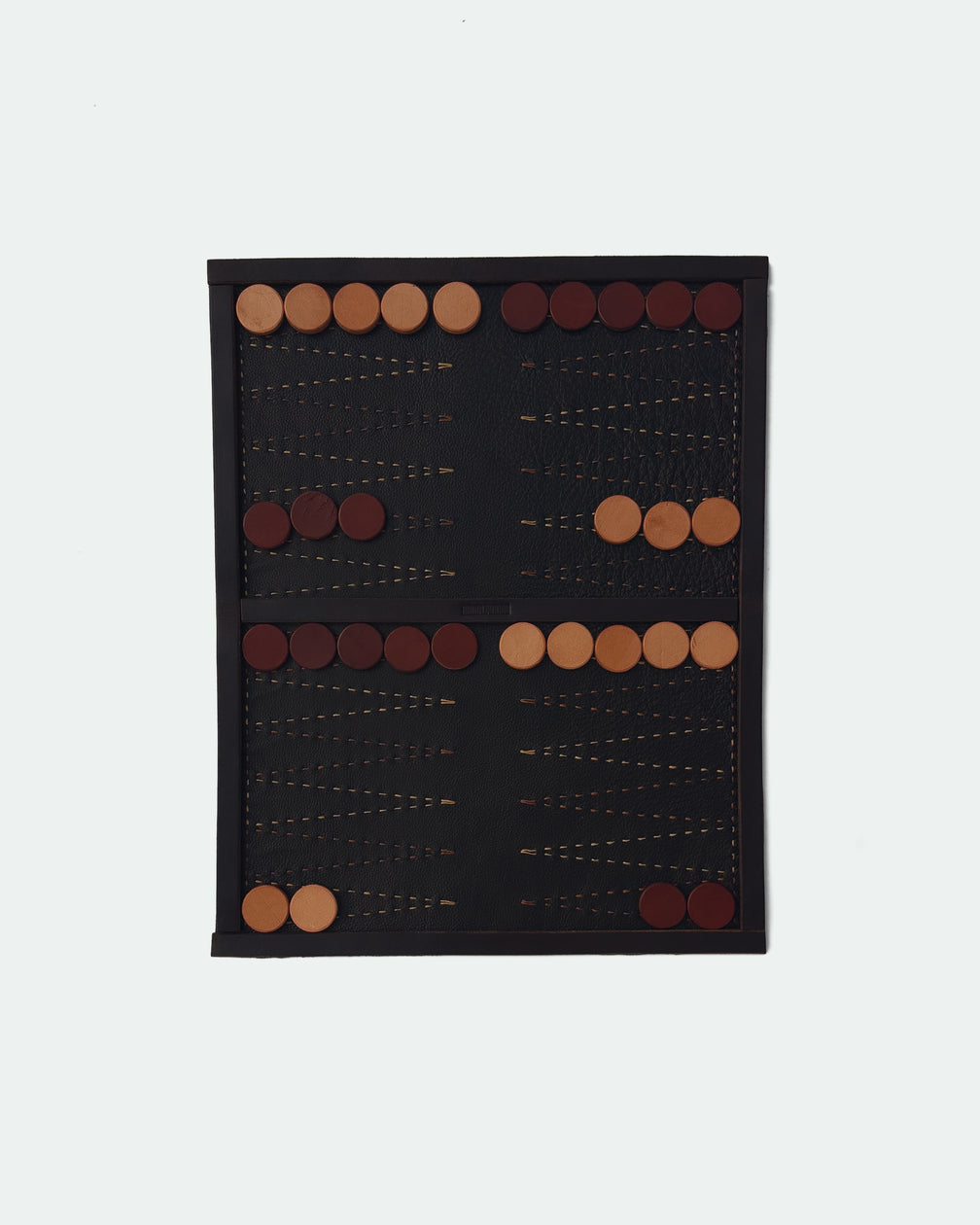 The Drifter 22, a leather backgammon board. Dark brown leather with light brown and medium brown points. View 3.