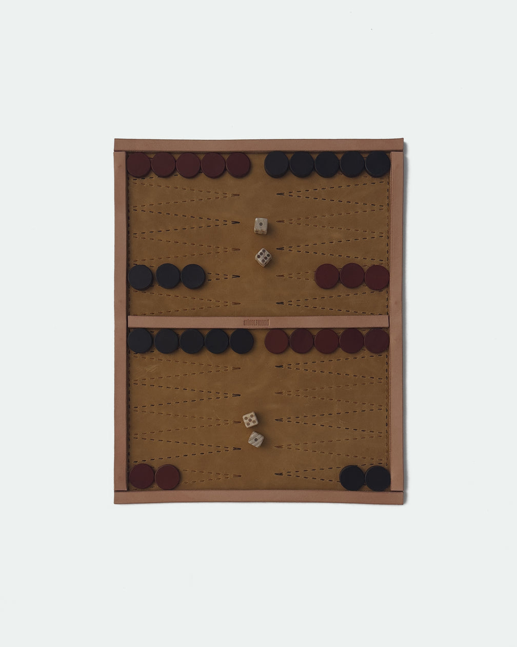 The Drifter 22, a leather backgammon board. Light brown leather with dark brown and medium brown points. View 3.