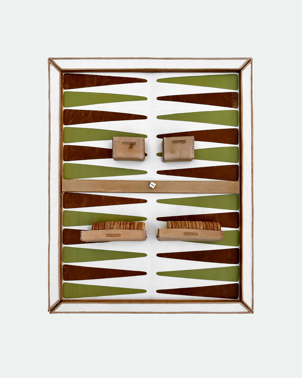 The Homestead 30, a leather backgammon board. White leather with green and medium brown points. View 4.