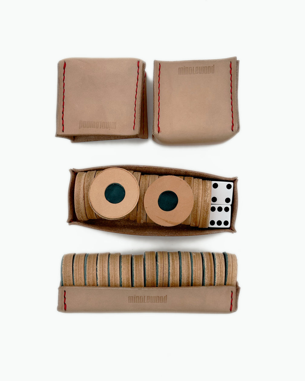 The Homestead 30, a leather backgammon board. Natural leather with chocolate and natural points. View 4.