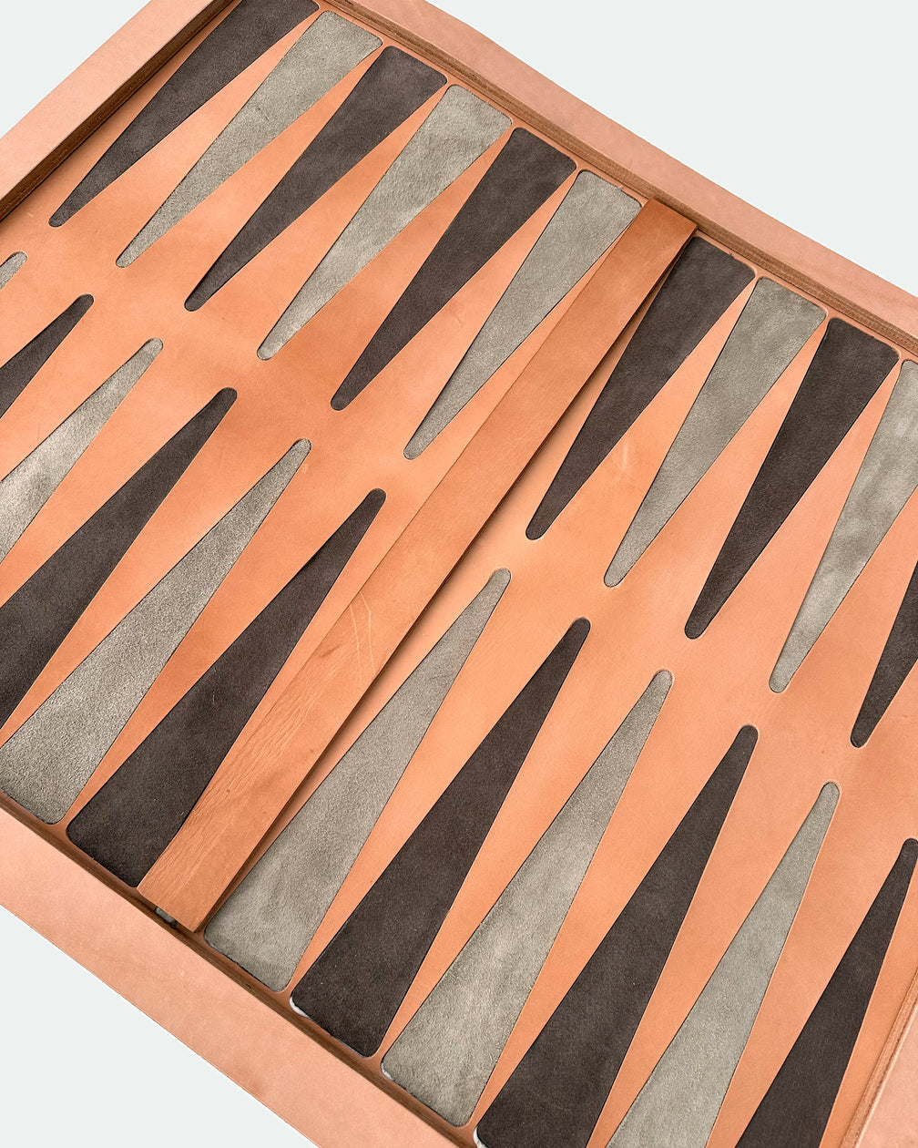 The Homestead 30, a leather backgammon board. Natural leather with chocolate and gray points. View 4.