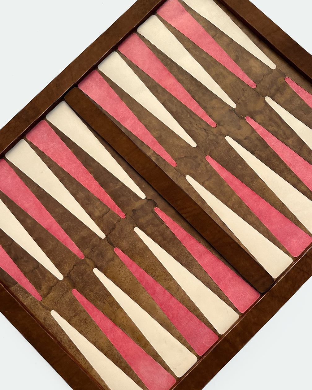 The Homestead 30, a leather backgammon board. Walnut leather with natural and pink points. View 4.