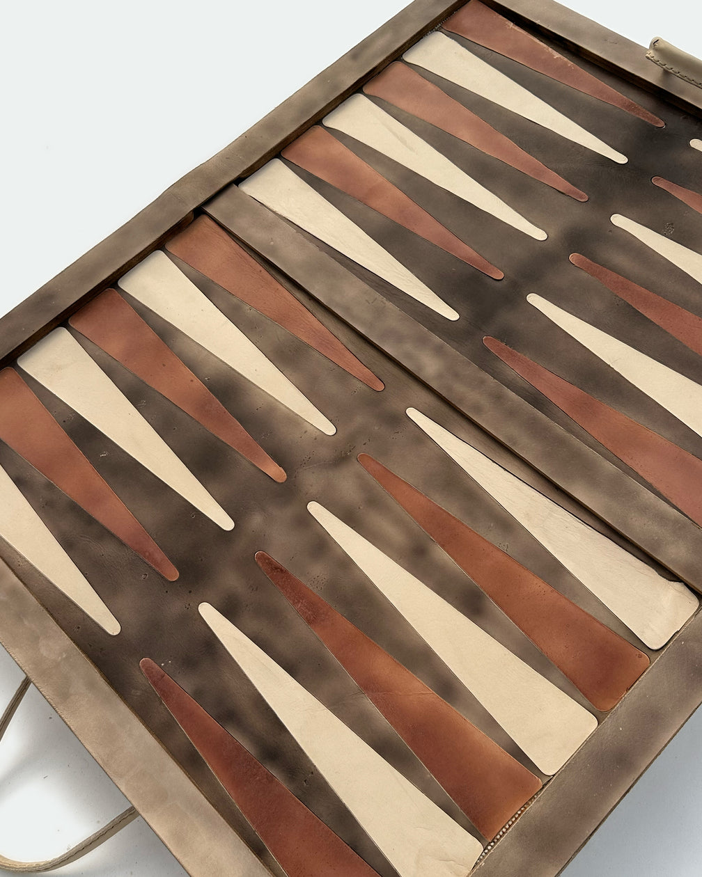 The Drover 30, a leather backgammon board. Show brown leather with natural and Spanish brown points. View 4.