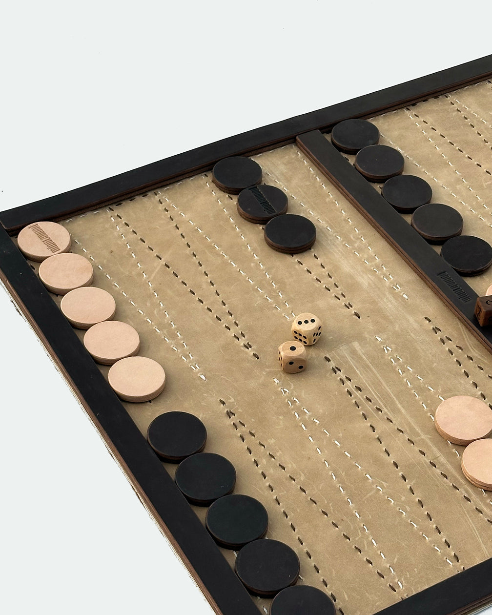 The Drifter 26, a leather backgammon board. Light brown leather with cream and dark brown points. View 4.