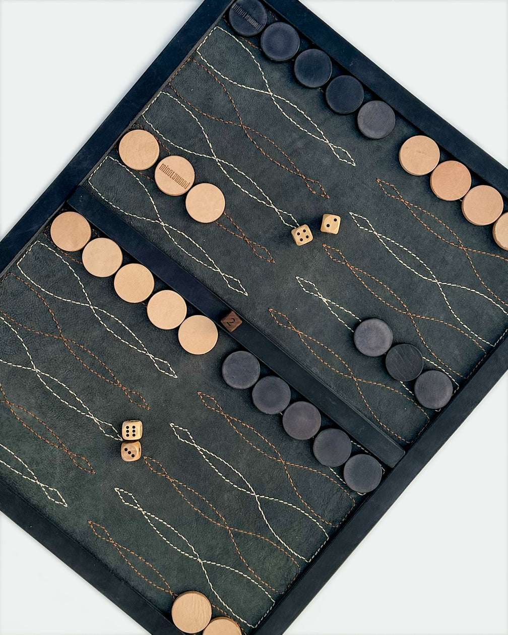 The Drifter 26, a leather backgammon board. USMC black leather with cream and Havana cigar points. View 4.