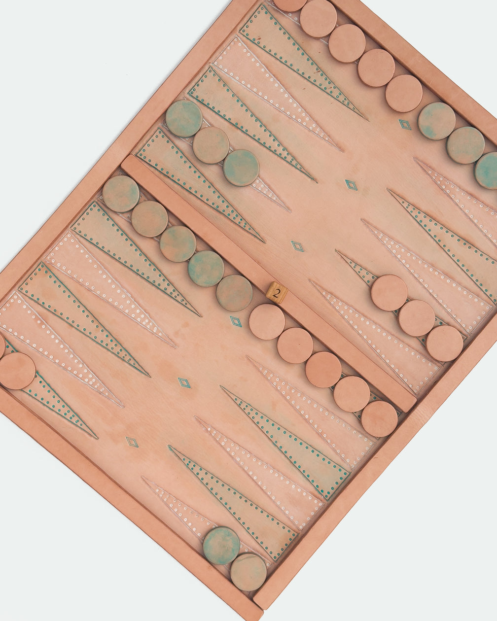 The Drifter 22, a leather backgammon board. Natural leather with turquoise antique and white antique points. View 4.