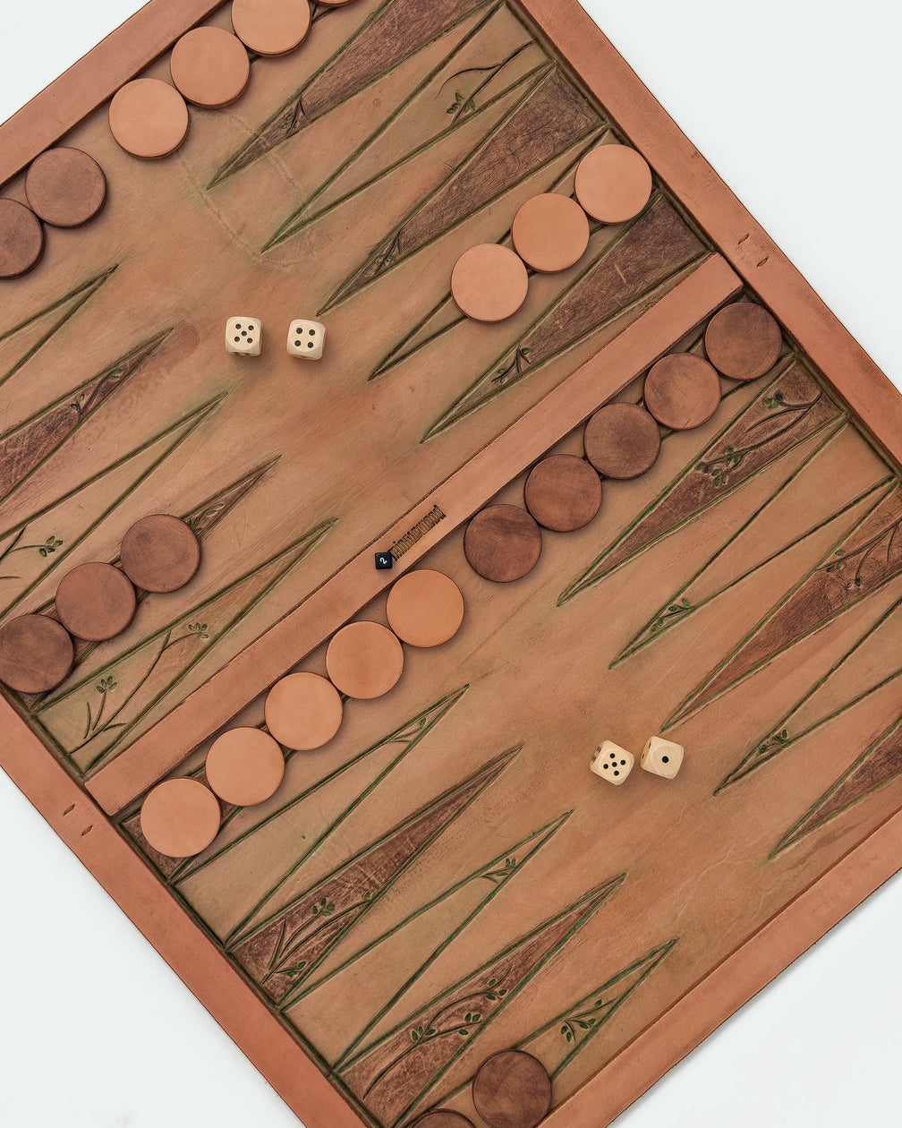 The Drifter 26, a leather backgammon board. Natural leather with green antique and medium brown antique points. View 4.