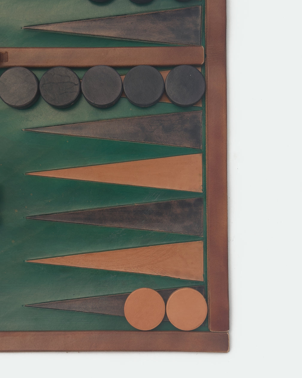 The Drifter 22, a leather backgammon board. Green leather with black antique and natural points. View 4.