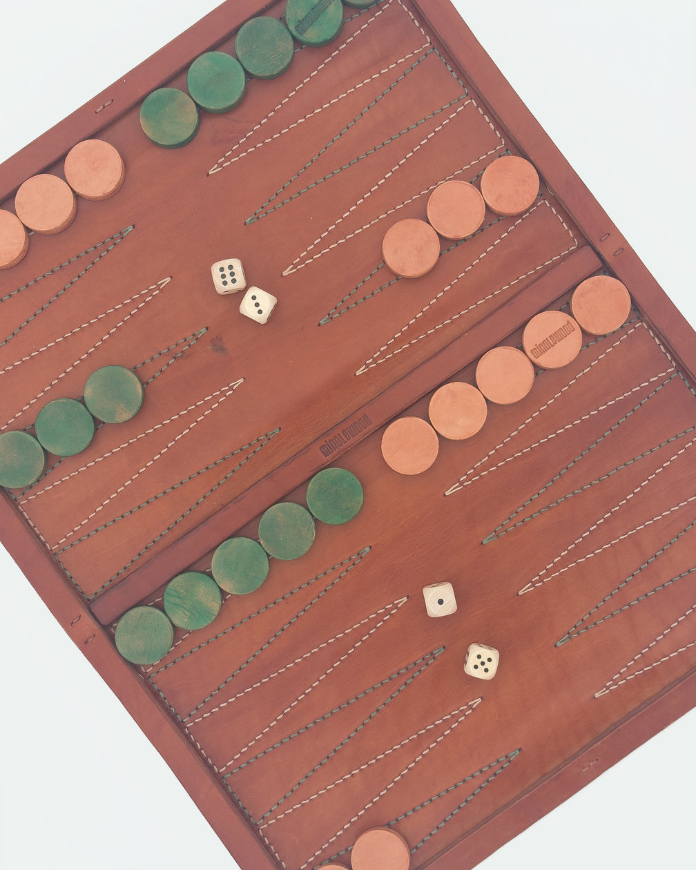 The Drifter 22, a leather backgammon board. Medium brown leather with beige and pea green points. View 4.