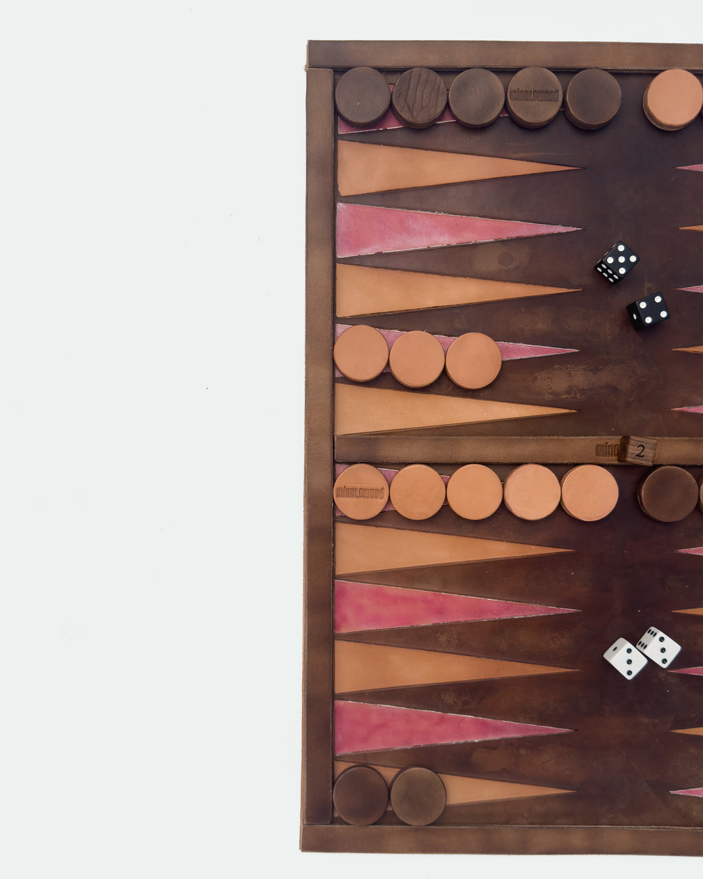 The Drifter 22, a leather backgammon board. Dark brown leather with natural and oxblood points. View 4.