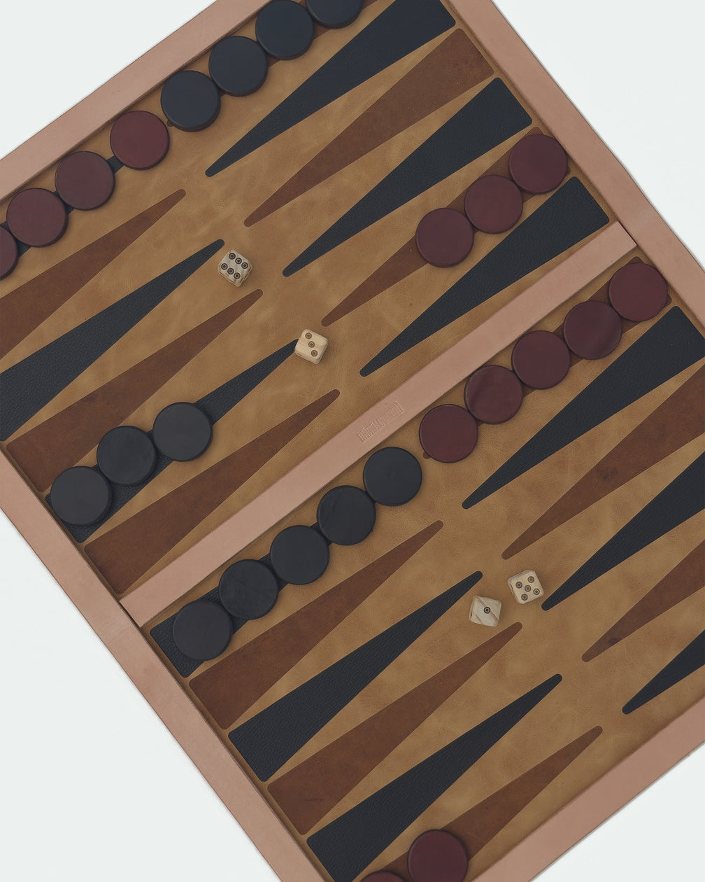 The Drifter 26, a leather backgammon board. Light brown leather with dark brown and medium brown points. View 4.