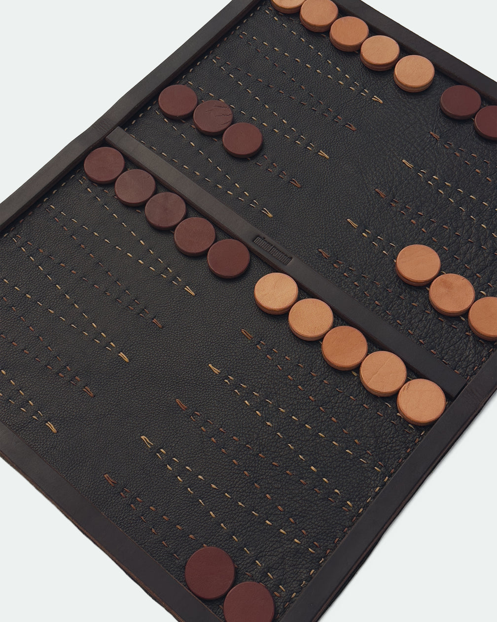 The Drifter 22, a leather backgammon board. Dark brown leather with light brown and medium brown points. View 4.