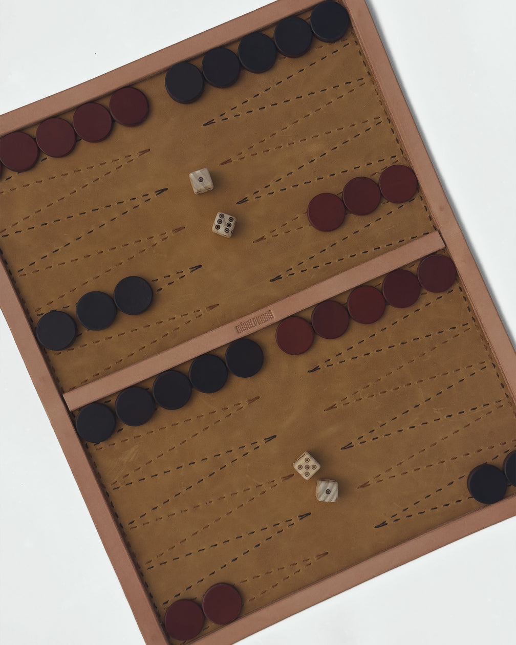 The Drifter 22, a leather backgammon board. Light brown leather with dark brown and medium brown points. View 4.