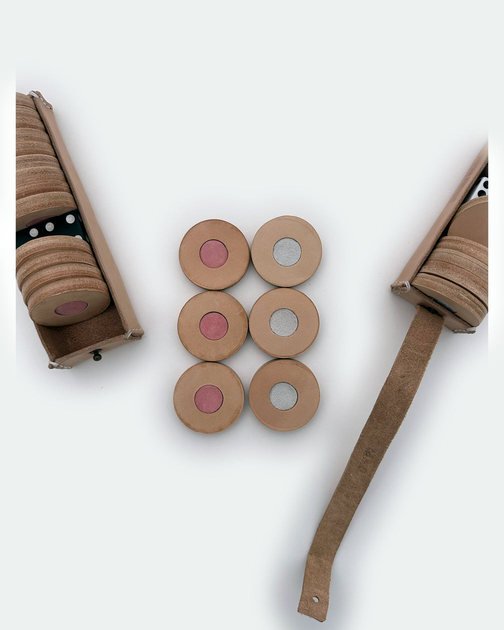 The Homestead 30, a leather backgammon board. Natural leather with cream and pink points. View 5.