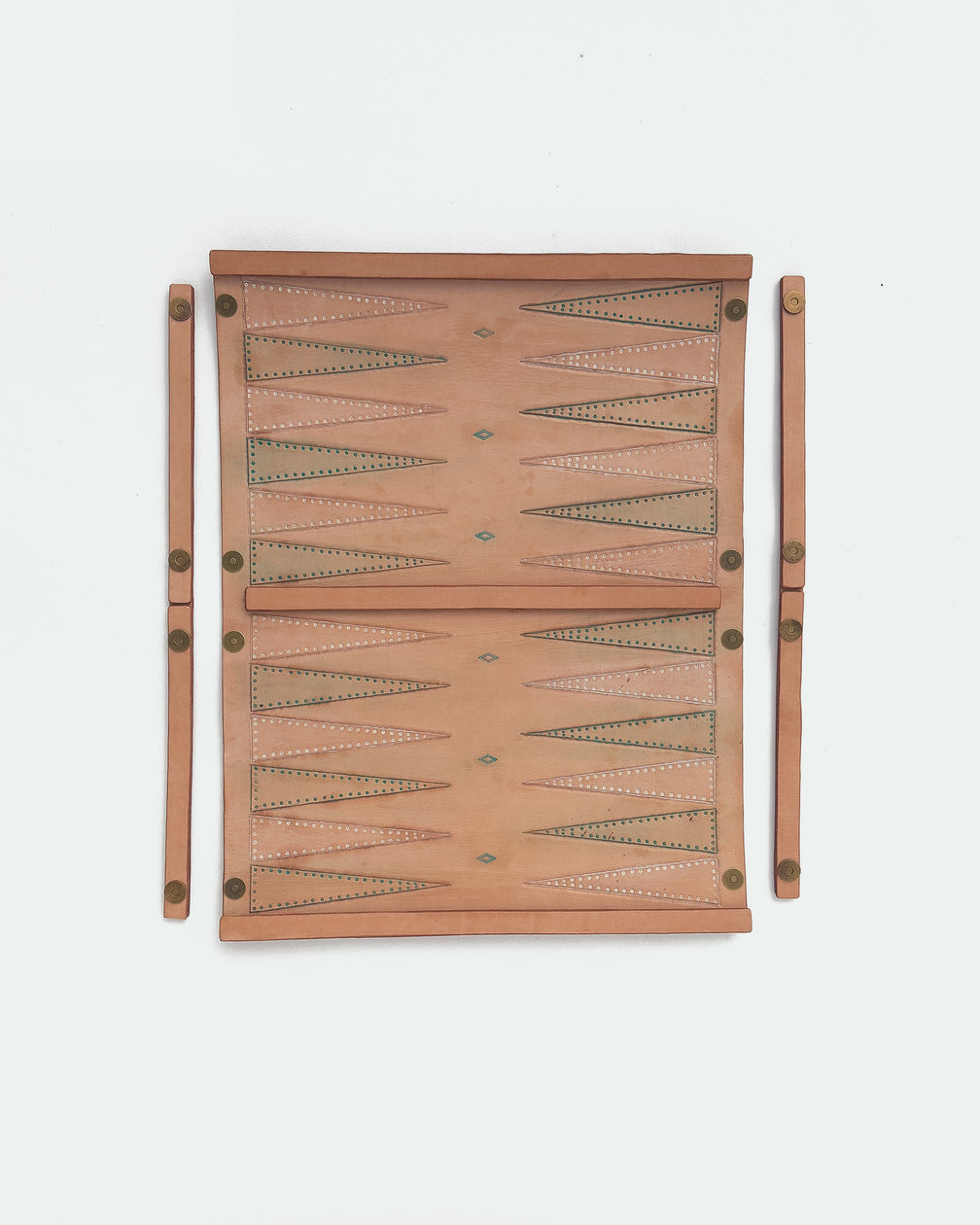 The Drifter 22, a leather backgammon board. Natural leather with turquoise antique and white antique points. View 5.