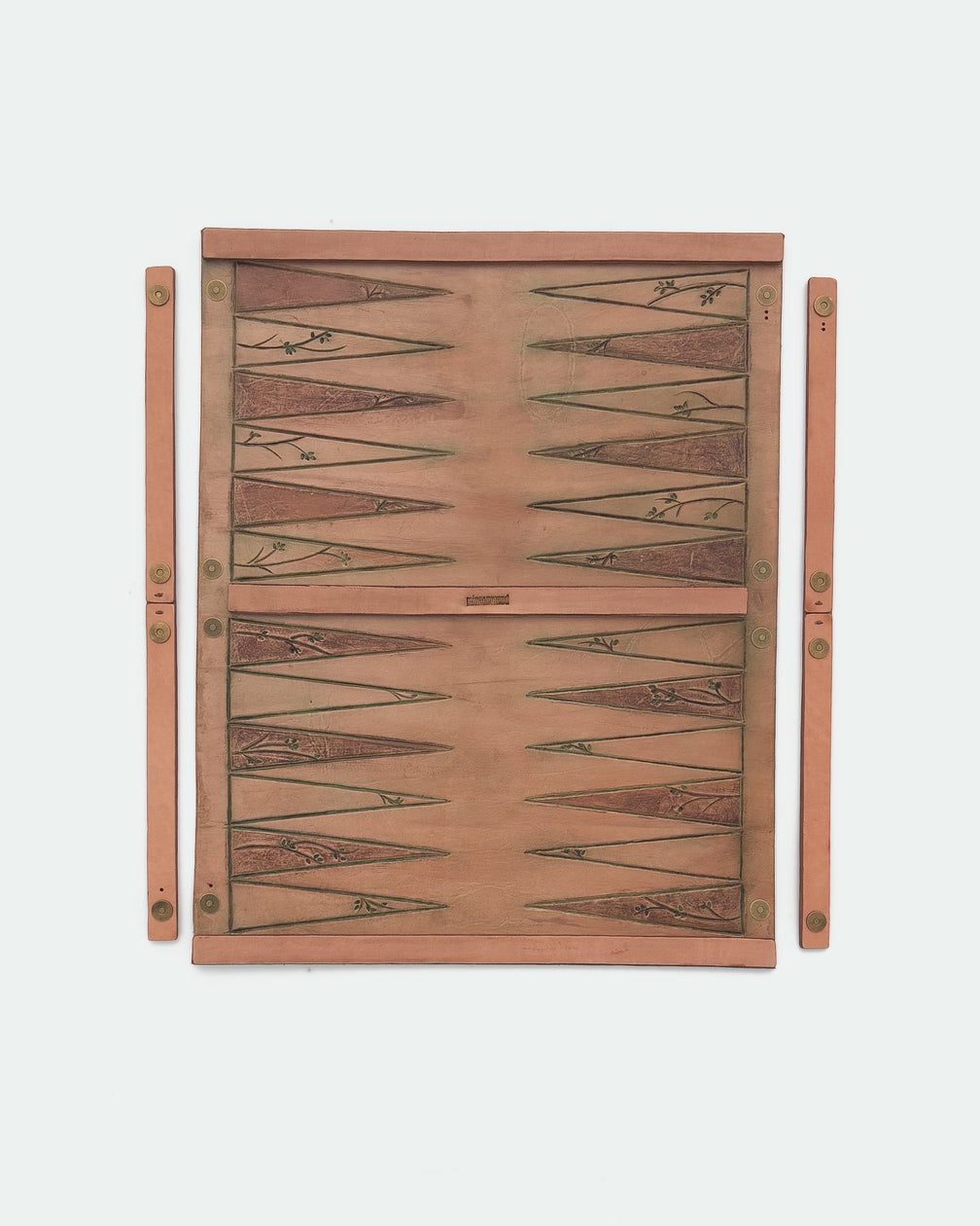 The Drifter 26, a leather backgammon board. Natural leather with green antique and medium brown antique points. View 5.