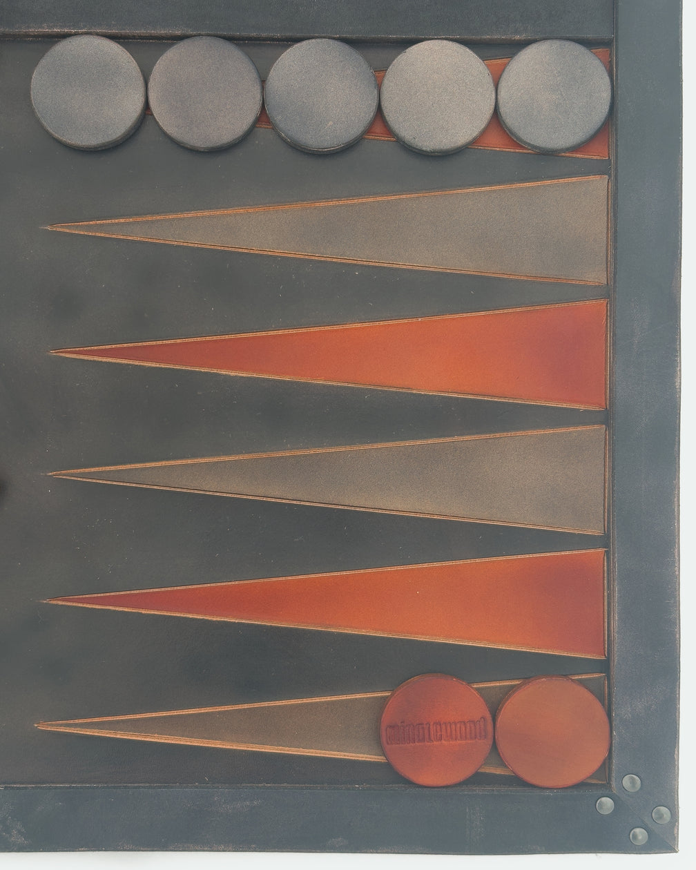 The Homestead 26, a leather backgammon board. USMC black leather with dark brown and USMC black points. View 5.