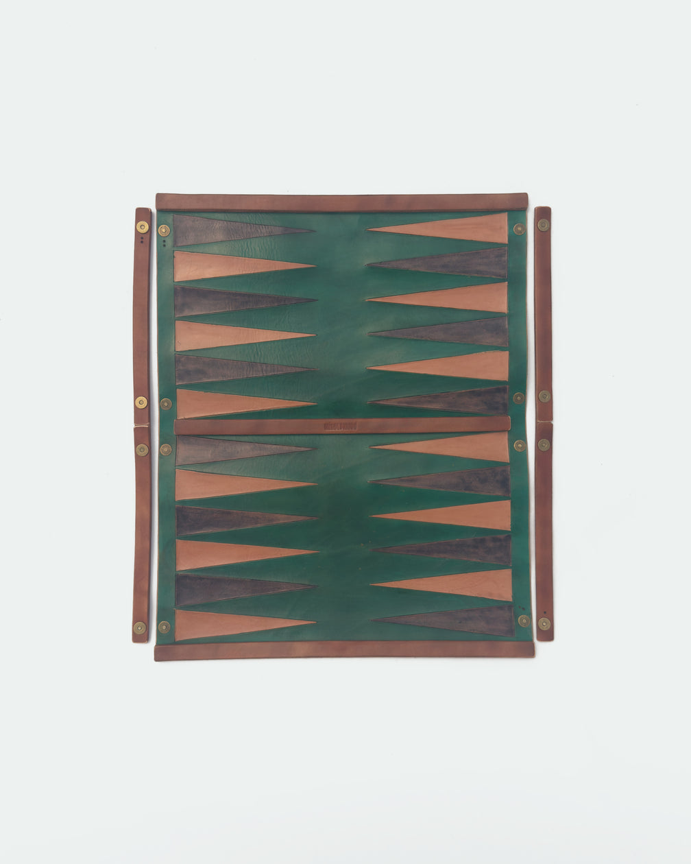 The Drifter 22, a leather backgammon board. Green leather with black antique and natural points. View 5.