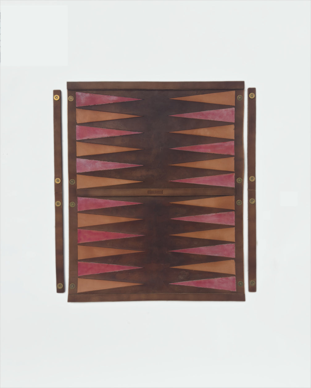 The Drifter 22, a leather backgammon board. Dark brown leather with natural and oxblood points. View 5.
