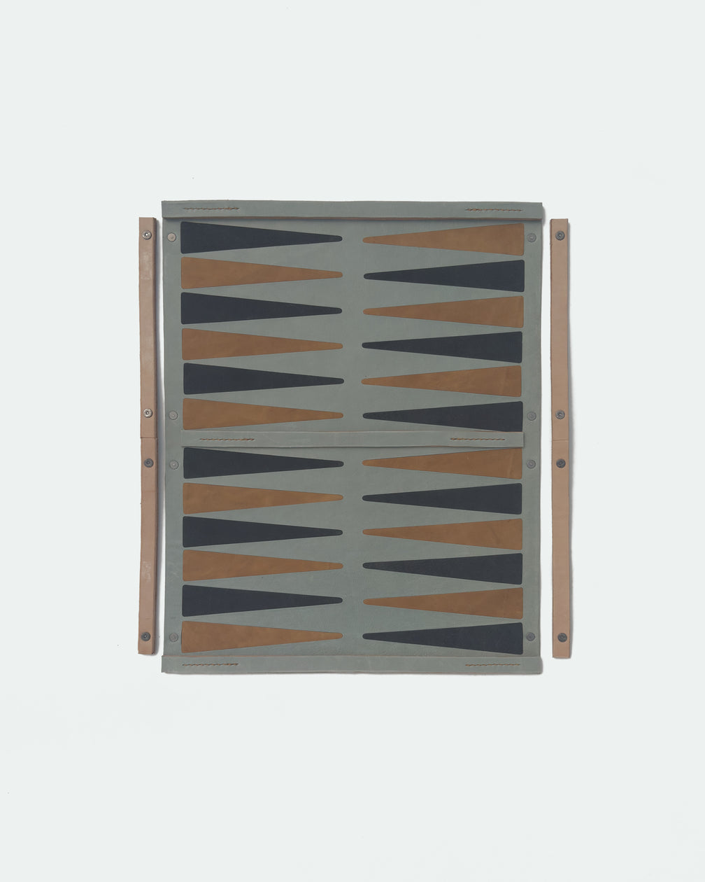 The Drifter 22, a leather backgammon board. Baby blue leather with light brown and USMC black points. View 5.