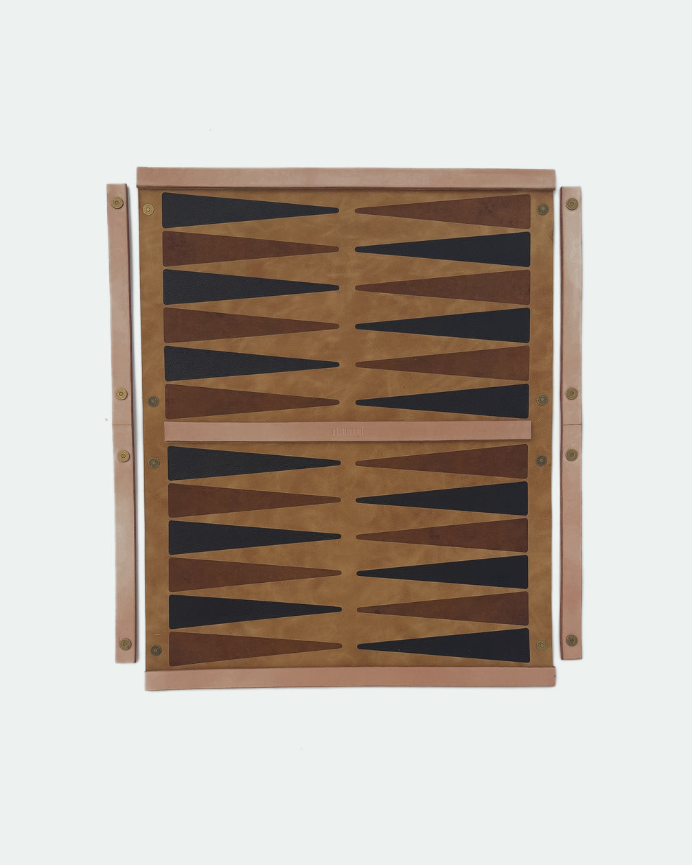 The Drifter 26, a leather backgammon board. Light brown leather with dark brown and medium brown points. View 5.
