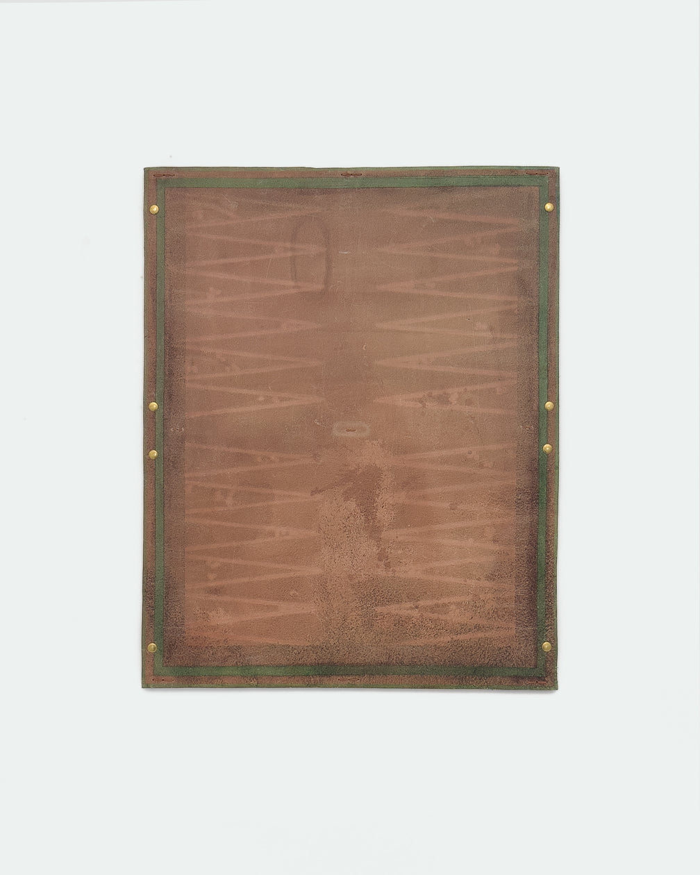 The Drifter 26, a leather backgammon board. Natural leather with green antique and medium brown antique points. View 6.