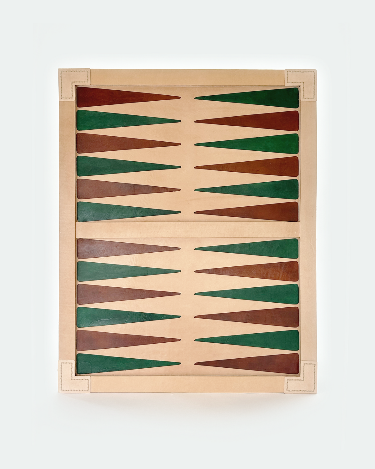 Inlaid leather backgammon board hand dyed in green and brown