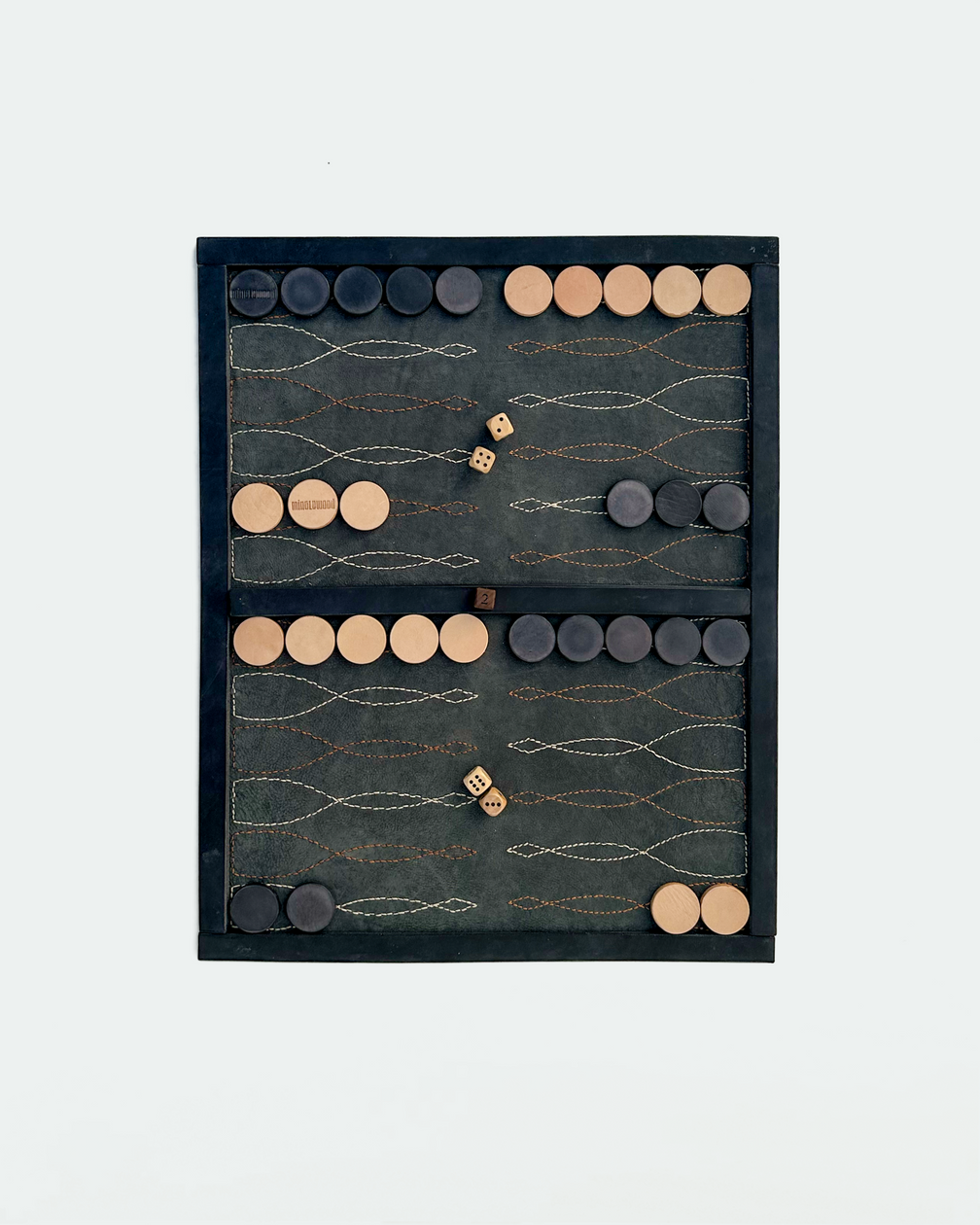 Black saddle stitch backgammon board set up for play