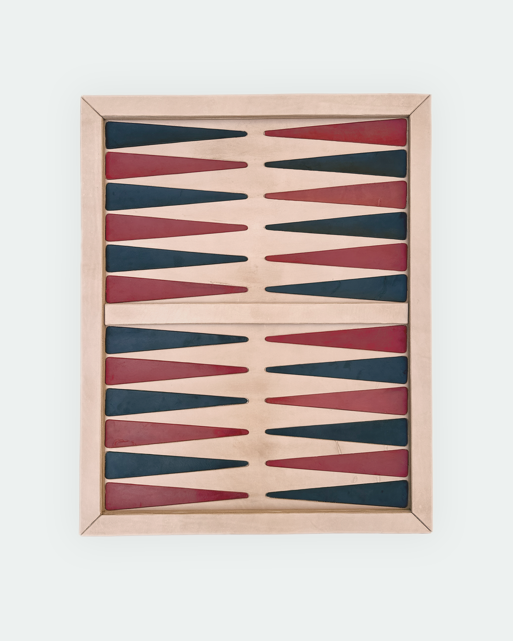 Inlaid backgammon board in natural veg-tan leather with black and red points