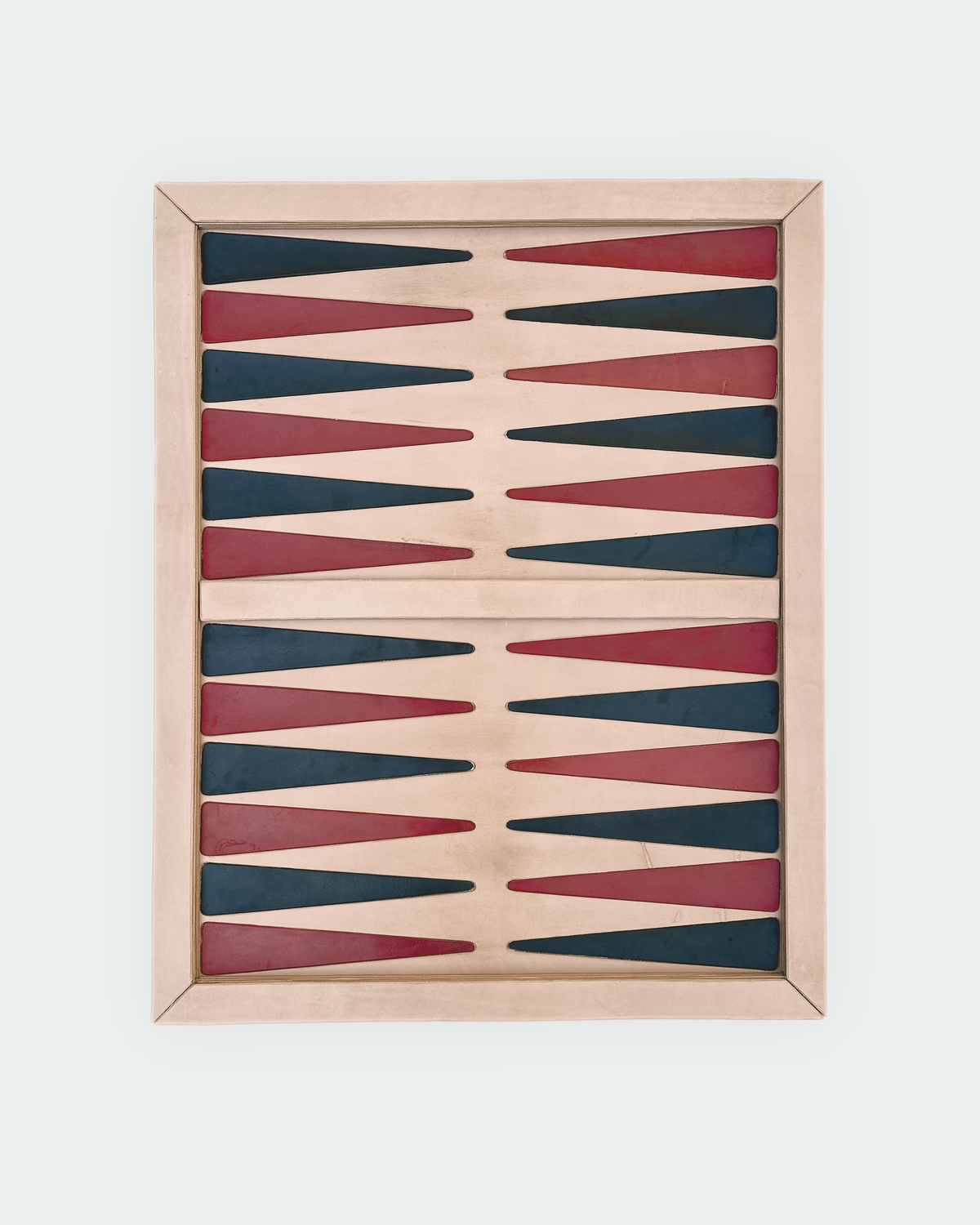 Inlaid backgammon board in natural veg-tan leather with black and red points